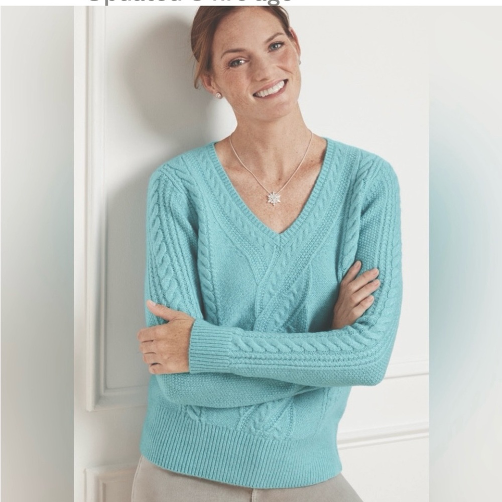 Talbots Turquoise Cable Knit V-Neck Sweater XL Wool Blend Soft NWOT